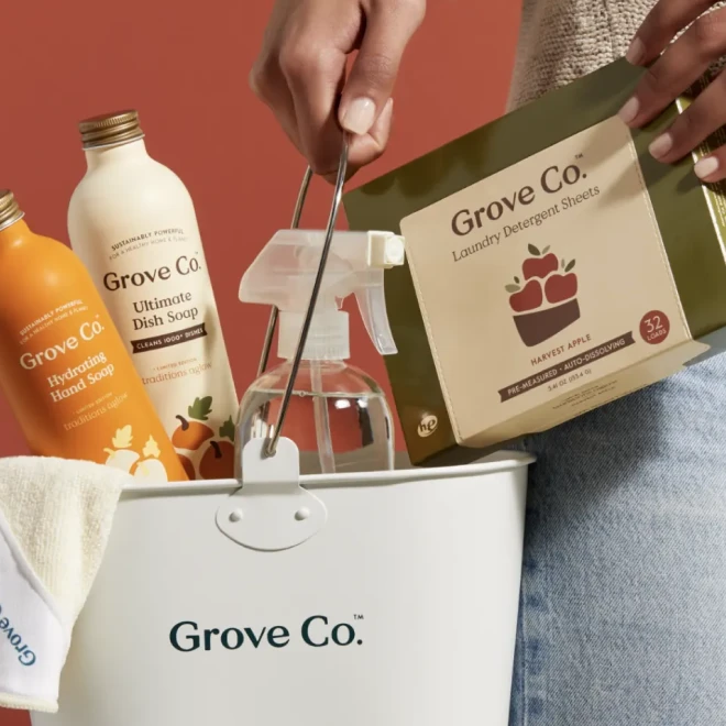 Person holding a box of Grove Co. Laundry Detergent Sheets over a white bucket with hand and dish soap bottles inside.