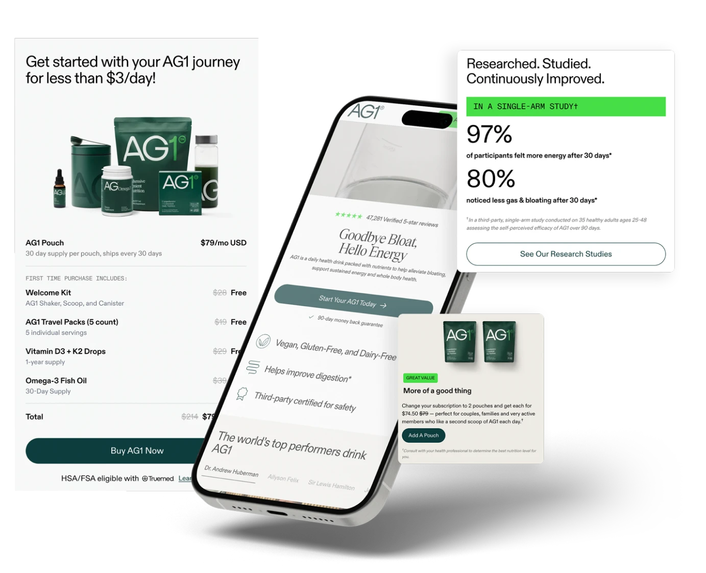 AG1 health product pricing, benefits, customer reviews, and subscription options displayed on a phone screen.