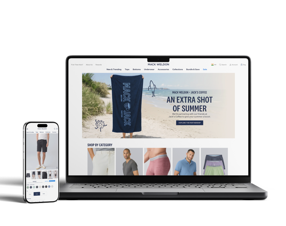 Laptop and smartphone showing Mack Weldon clothing website with product and summer promotion.