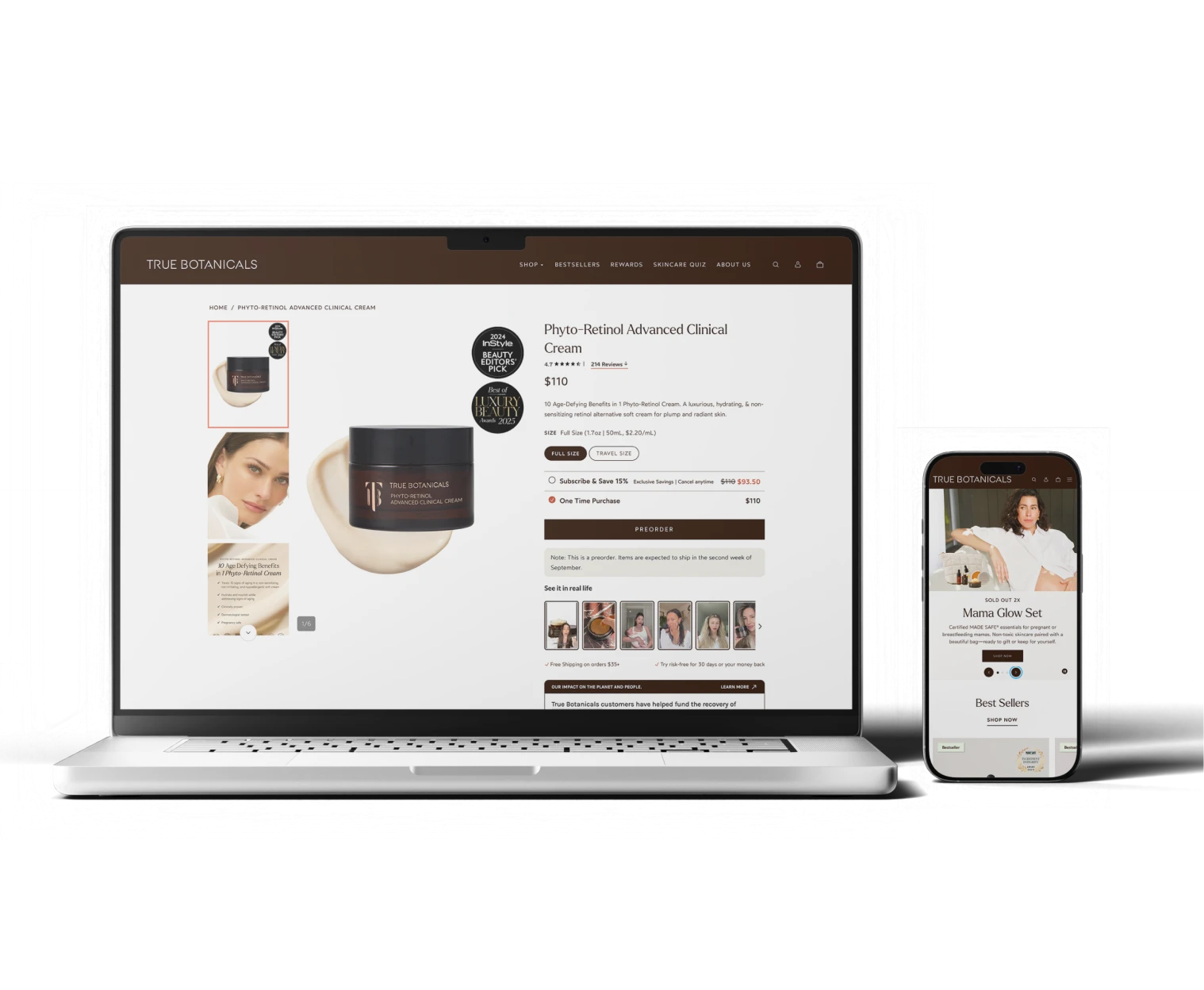 Laptop and smartphone showing True Botanicals skincare product pages for creams and beauty sets.