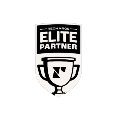 Shield-shaped badge with text Recharge Elite Partner and a trophy icon in the center.