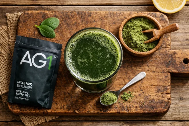 AG1 greens powder and glass