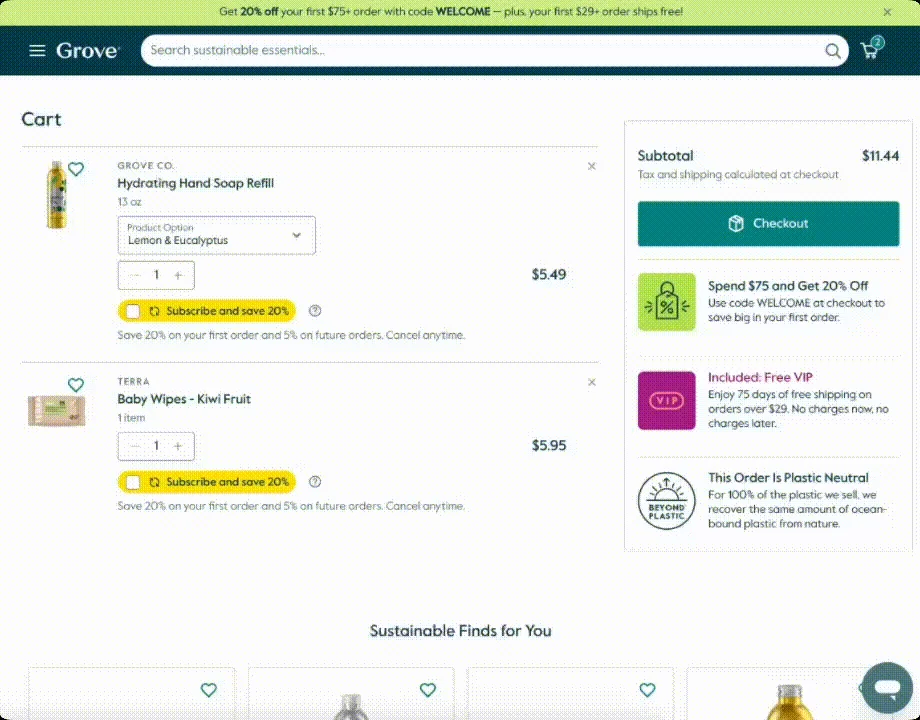 Animated demo of Grove's custom cart and checkout experience