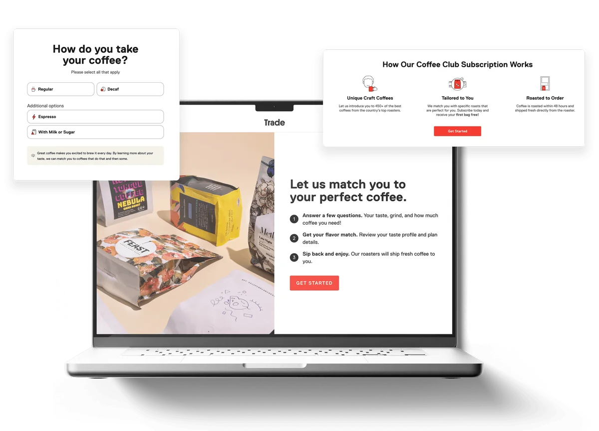 Trade Coffee website pages shown on desktop
