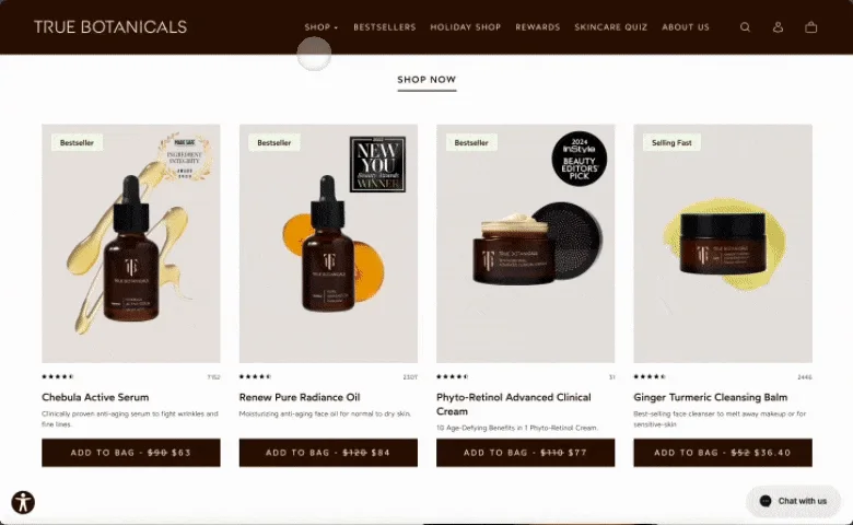 Animated demo of True Botanicals' improved navigation
