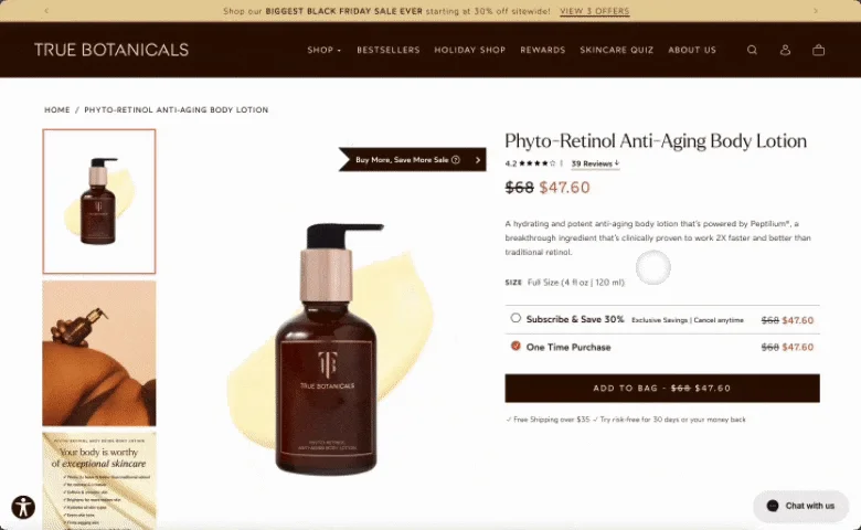Animated demo of True Botanicals' streamlined subscription experience