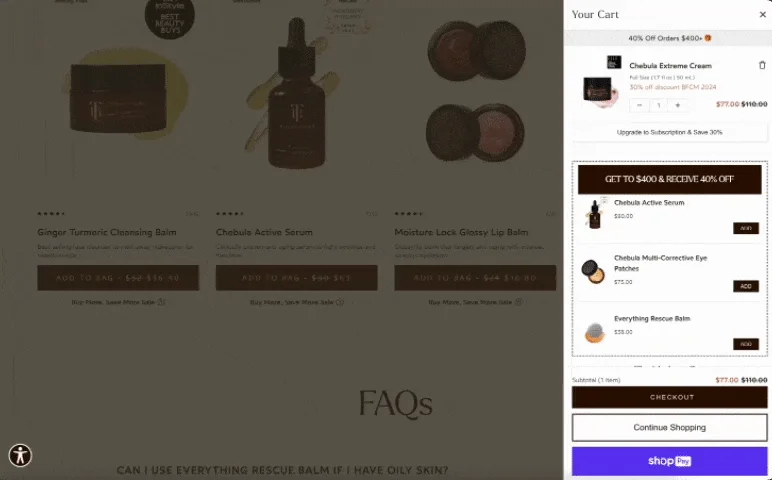 Animated demo of True Botanicals' optimized cart